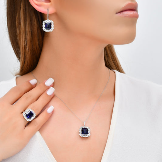 方形藍寶石配八鑽石白金套裝Jewels Square sapphire and eight-diamond white gold set
